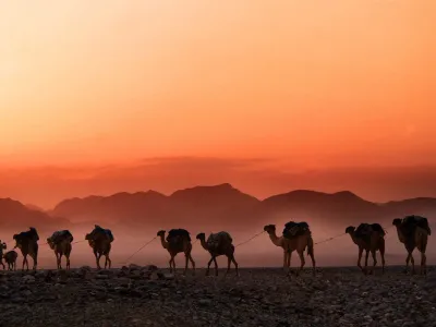 A caravan of camels in the desert. The sun sets and paints the sky orange. Mountains are visible in the background.